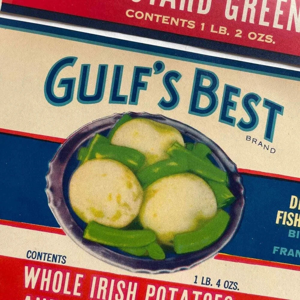 Gulf's Best Can Labels Lot of 5 Vintage Deer Island Fish & Oyster Co‎